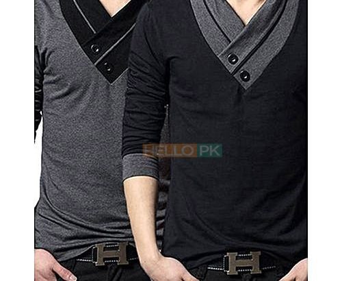 Pack of 2 Stylish Multicolor Cotton V-Neck Button T-Shirts