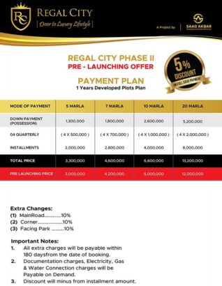 Regal City.5/7/10 Marla & 1 Kanal Residential.2/4/8/ Commercial Plots