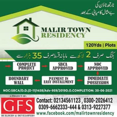 120 yds Plots in Malir Town Residency.Fori Possession Payment Asaan iqsaat me