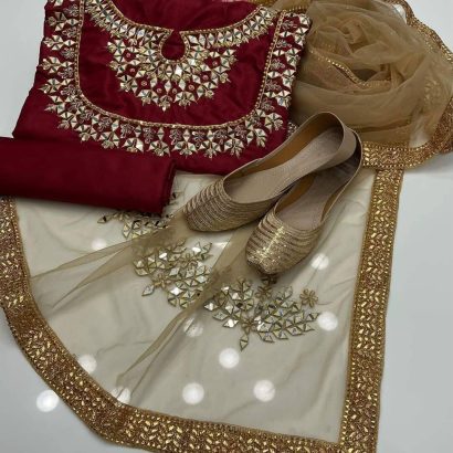 04 Pcs Suit Kataan mirror work shirt Along net mirror work dup